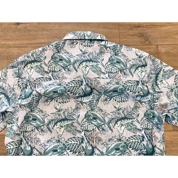 Simms Tailout Mens M Button Up Short Sleeve Fish Print Fishing Hawaiian Shirt - Picture 8 of 8